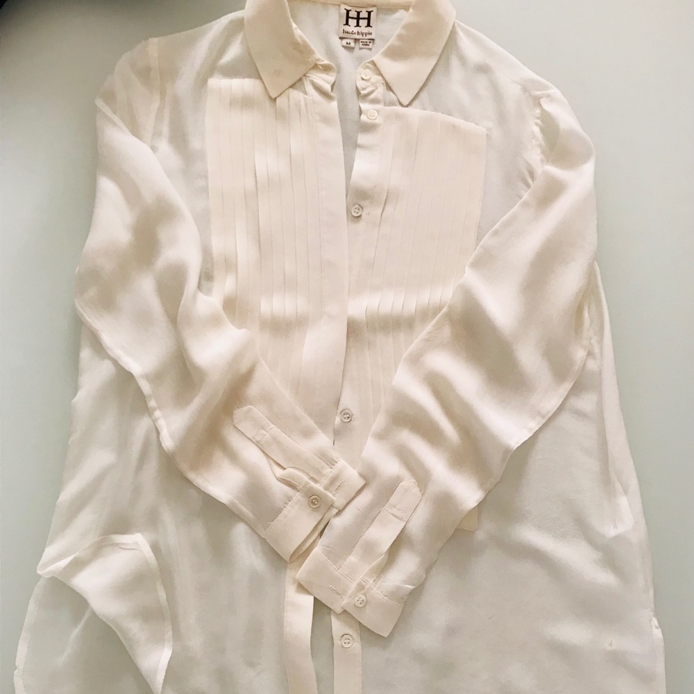 Haute Hippie Cream Pleated Silk Button-Up Blouse